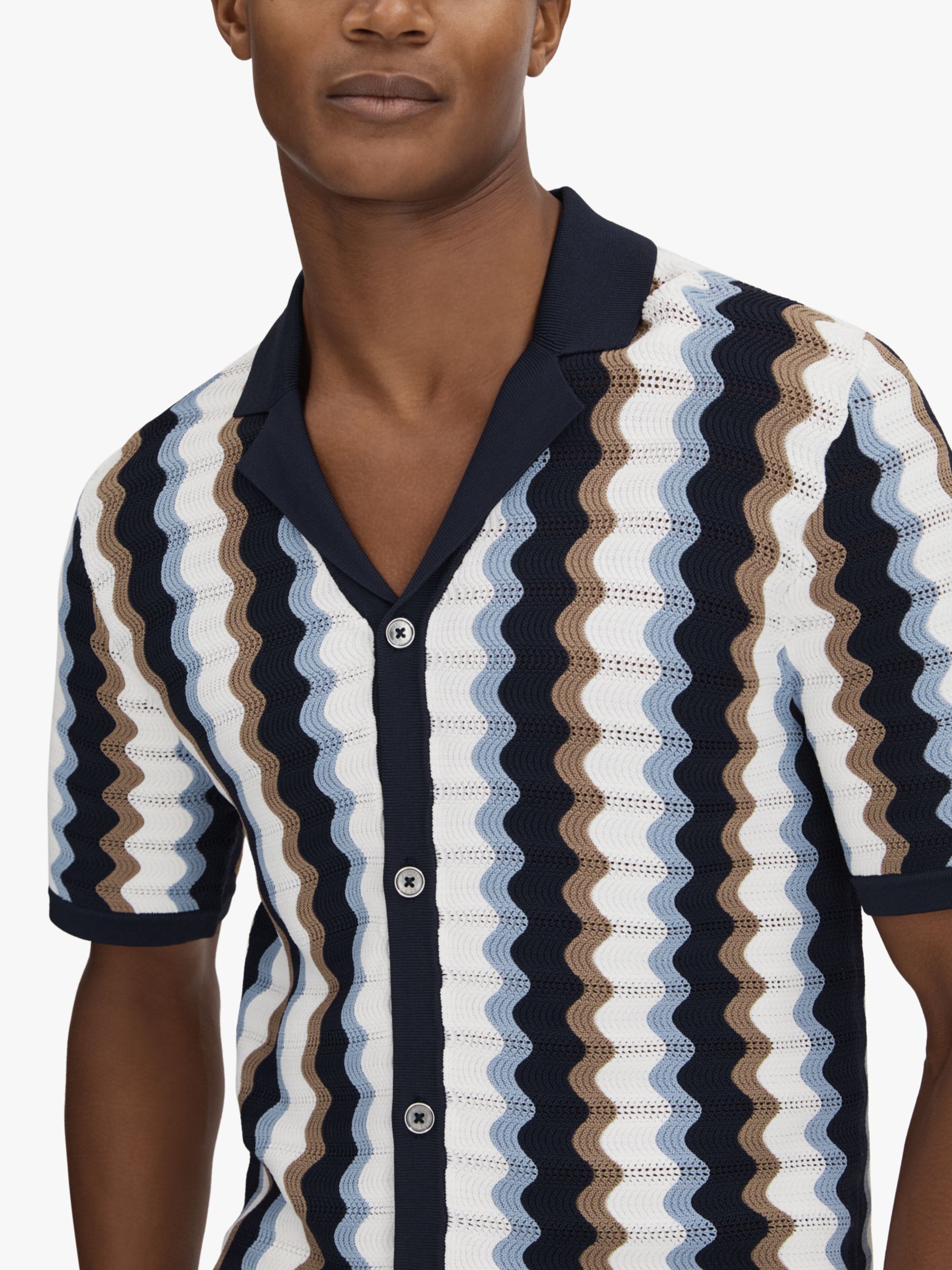 Reiss Waves Knitted Cuban Collar Button Through Shirt, Blue/Multi, XS