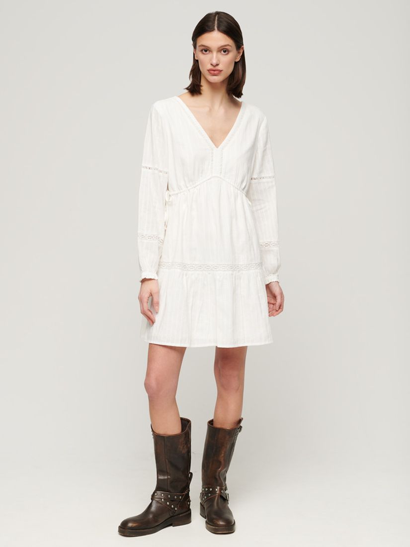 Buy Superdry Ibiza Long Sleeve Tiered Mini Dress, White Online at johnlewis.com