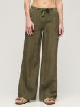 Superdry Low Rise Wide Leg Linen Trousers, Washed Khaki