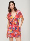 Superdry Short Sleeve Beach Playsuit, Pink Anenome