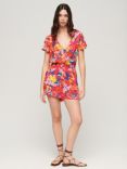Superdry Short Sleeve Beach Playsuit, Pink Anenome