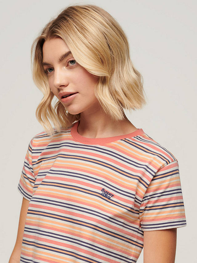 Superdry Essential Logo Striped Fitted T-Shirt, Sunset Coral Stripe