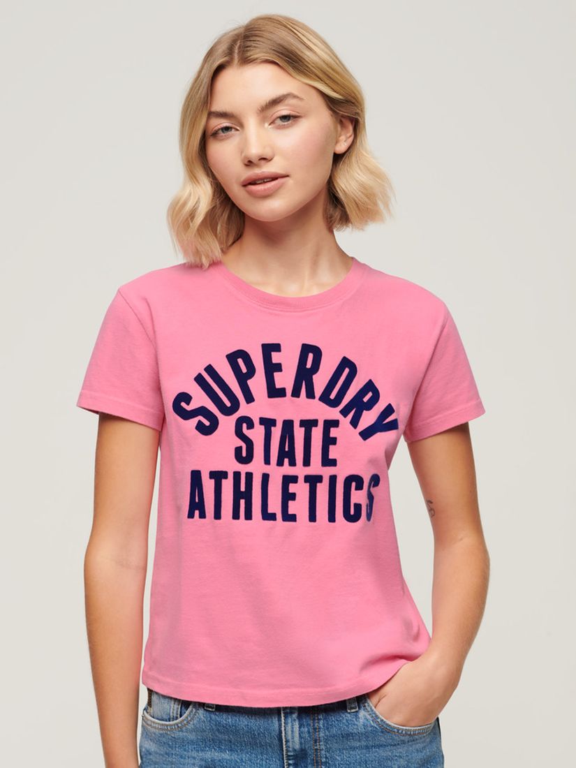 Buy Superdry Varsity Flocked Fitted T-Shirt, Fluro Pink Online at johnlewis.com