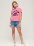 Superdry Varsity Flocked Fitted T-Shirt, Fluro Pink