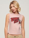 Superdry Retro Embellished Slim Vest Top, Somon Pink Marl/Multi