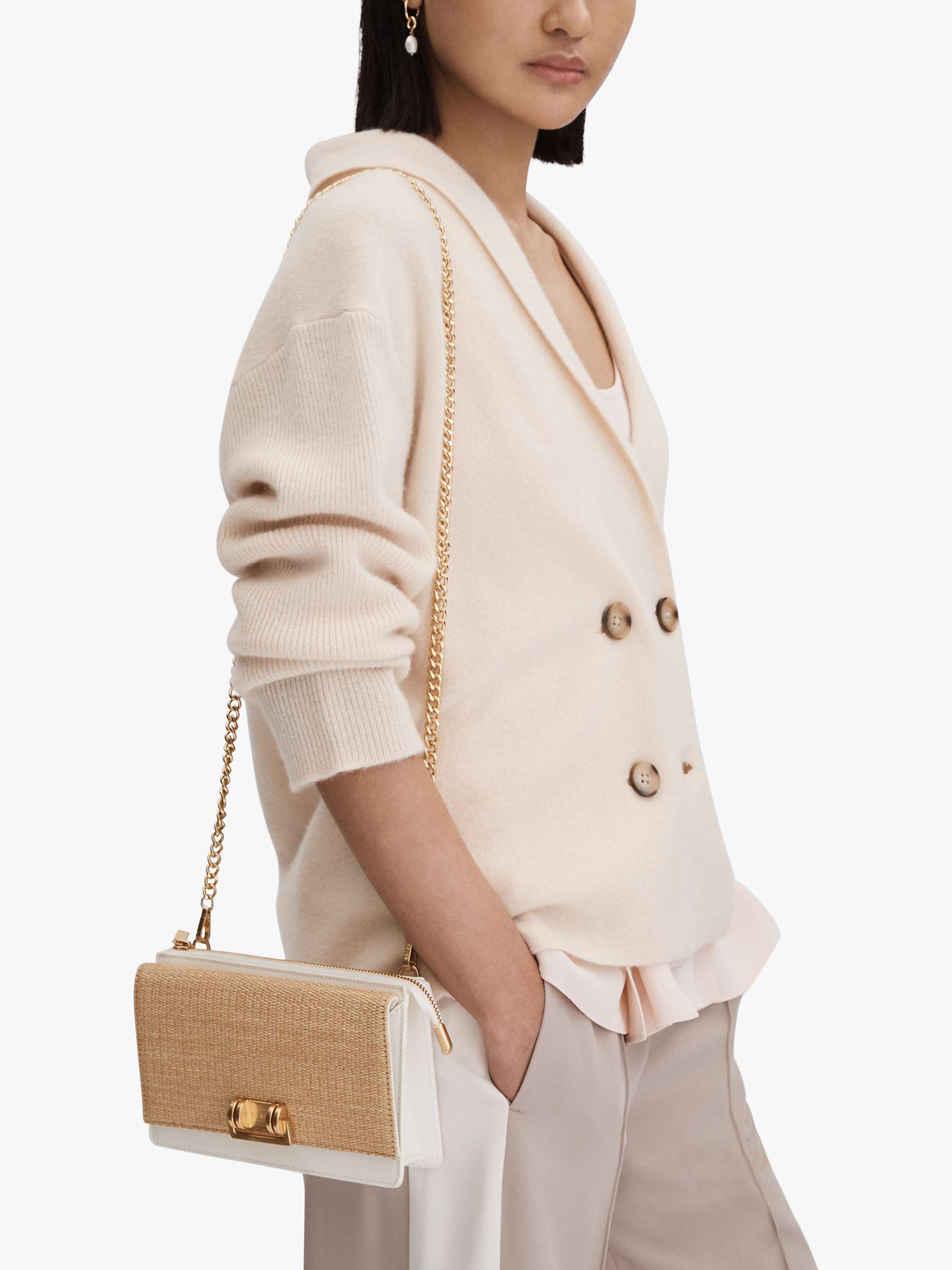 Buy Reiss Picton Leather & Raffia Chain Strap Crossbody Bag, White/Natural Online at johnlewis.com