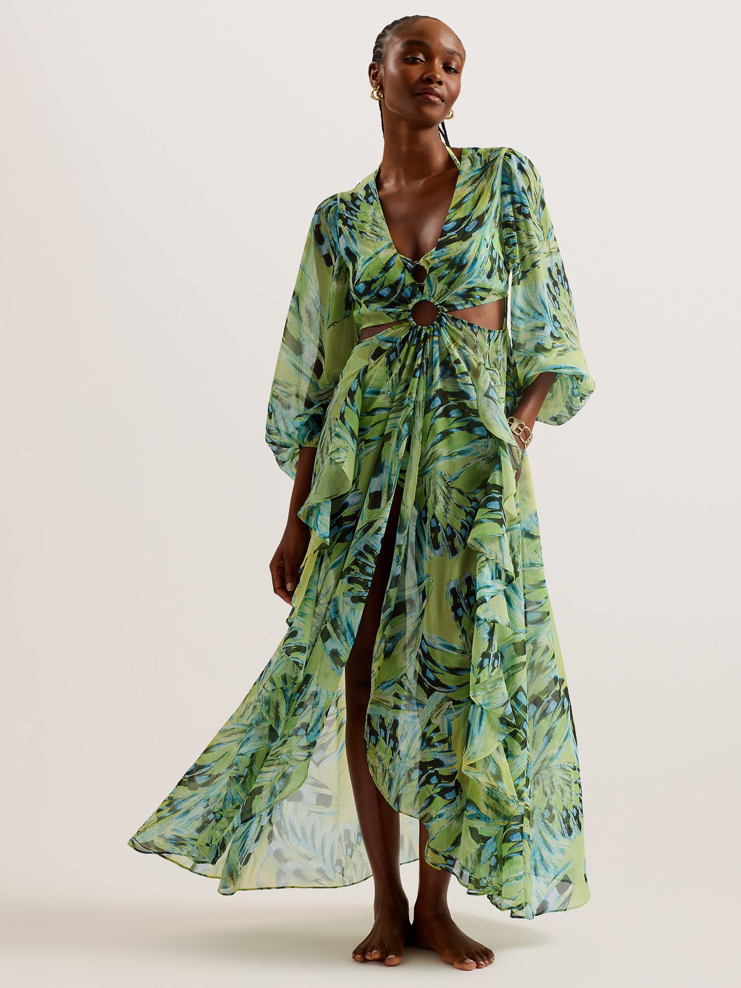 Ted Baker Ottley Abstract Print Cutout Maxi Beach Dress, Lime/Multi, L