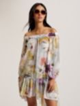 Ted Baker Dashan Bardot Abstract Print Mini Beach Dress, White/Multi, White/Multi