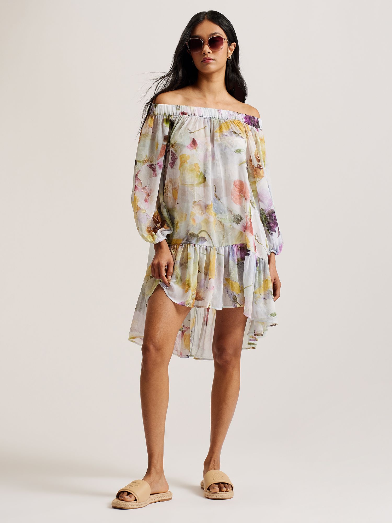 Ted Baker Dashan Bardot Abstract Print Mini Beach Dress White