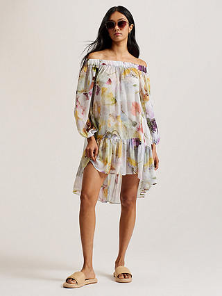 Ted Baker Dashan Bardot Abstract Print Mini Beach Dress, White/Multi