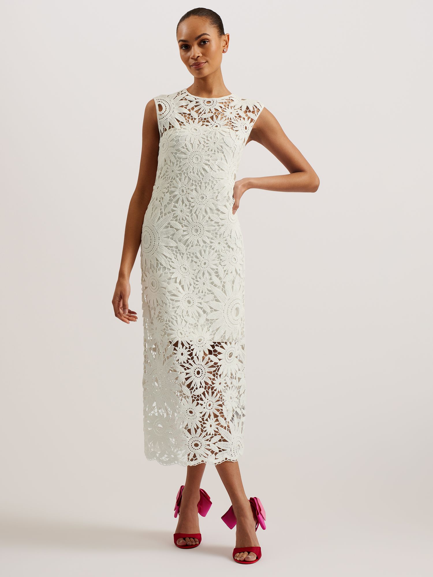 Ted Baker Corha Floral Embroidery Midi Dress, Natural Ivory, 6