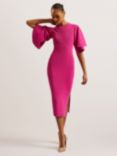 Ted Baker Lounia Fluted Sleeve Knitted Bodycon Midi Dress, Hot Pink