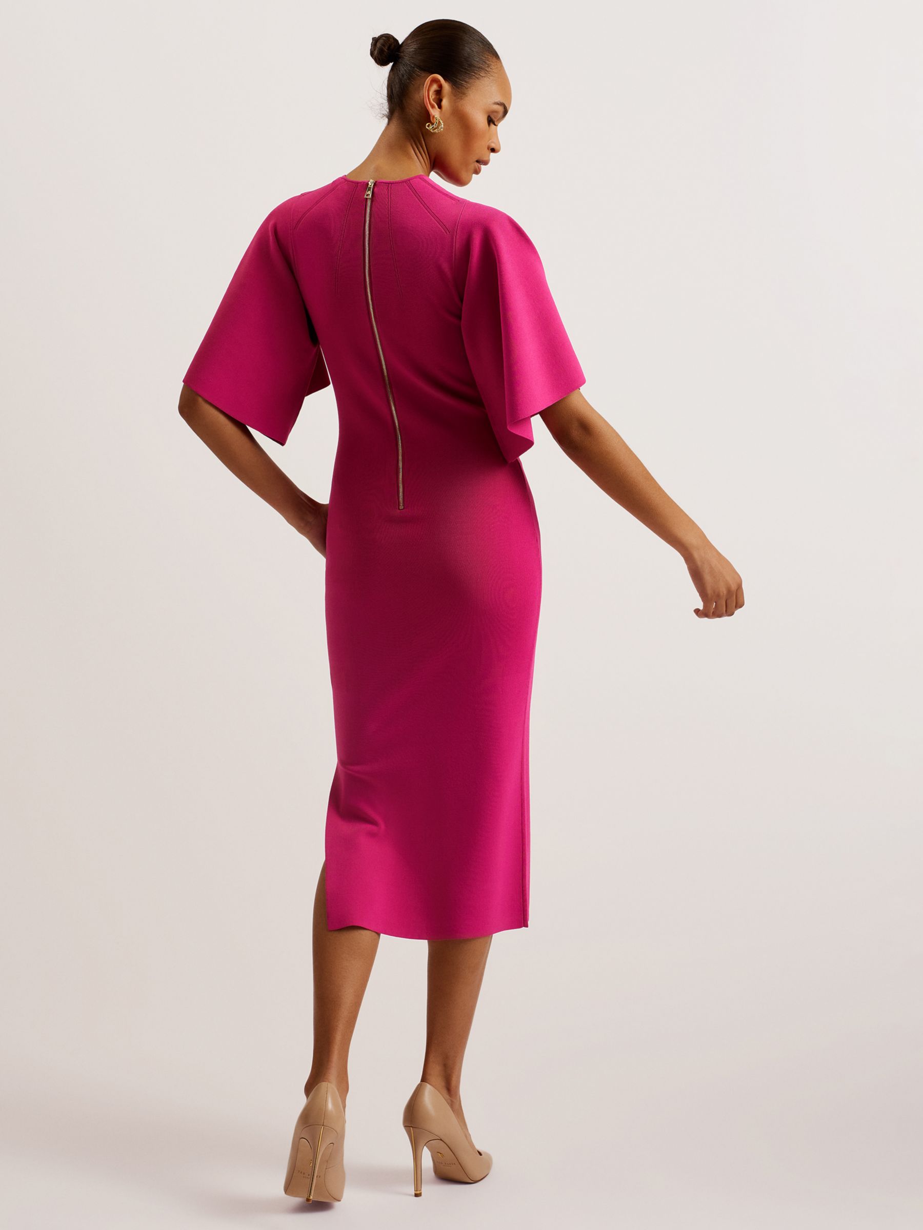 Ted Baker Lounia Fluted Sleeve Knitted Bodycon Midi Dress, Hot Pink, 10