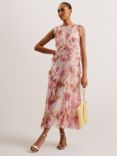 Ted Baker Hisako Sleeveless Waterfall Ruffle Midi Dress, Light Pink/Multi