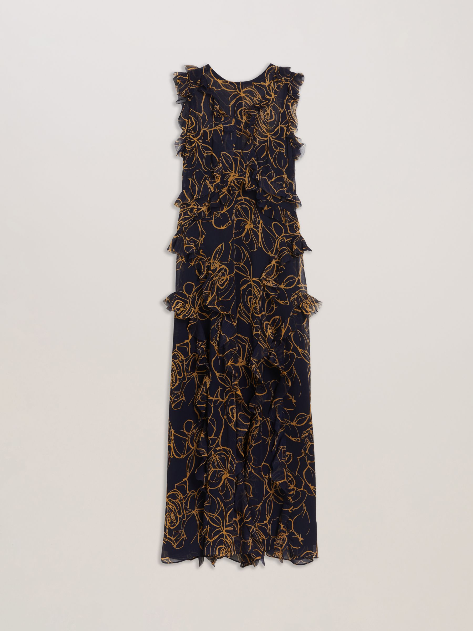Ted Baker Rize Floral Frill Midi Dress, Navy/Orange, 14