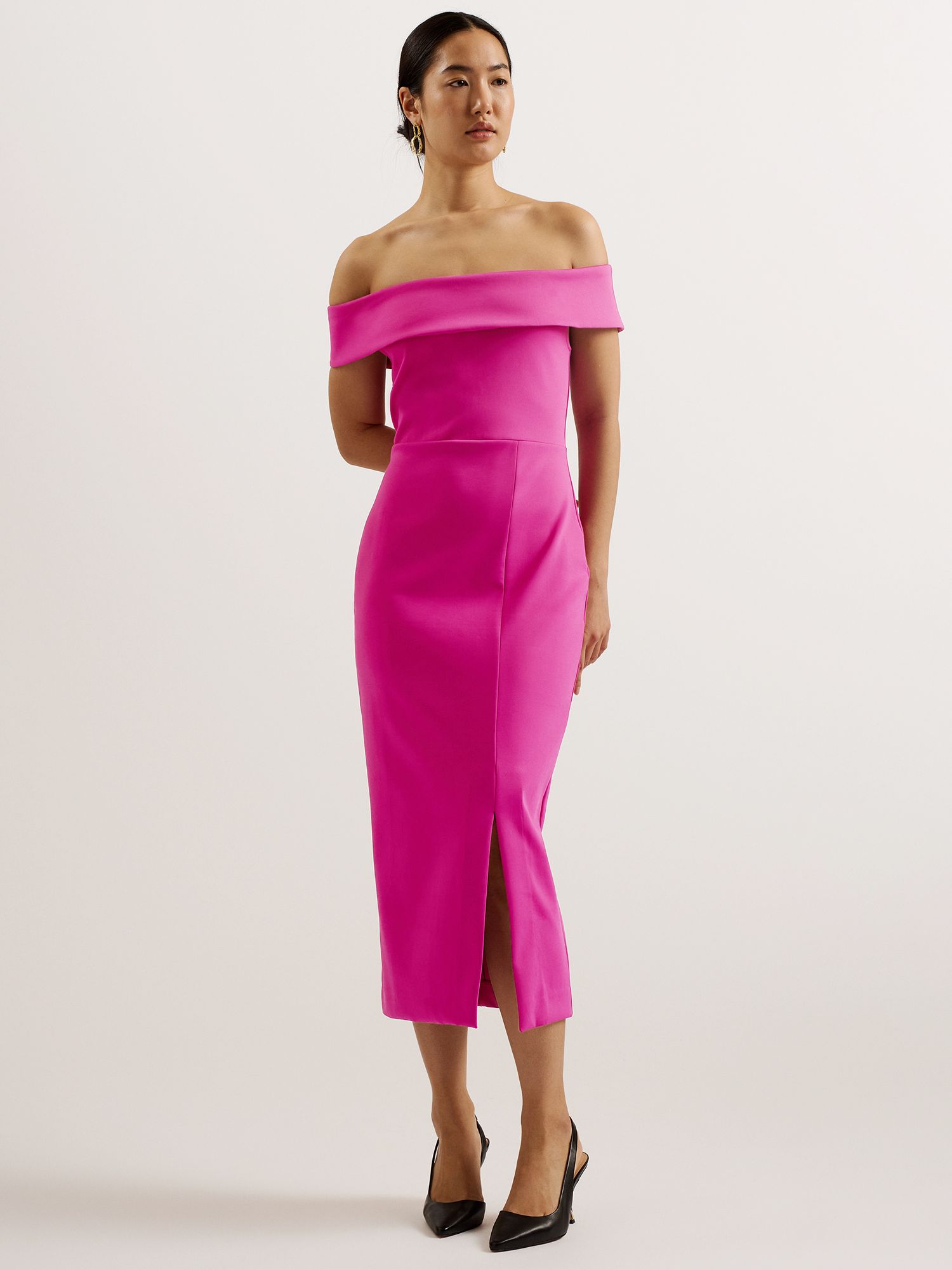 Exclusive Bardot Off Shoulder Midi Dress Purple