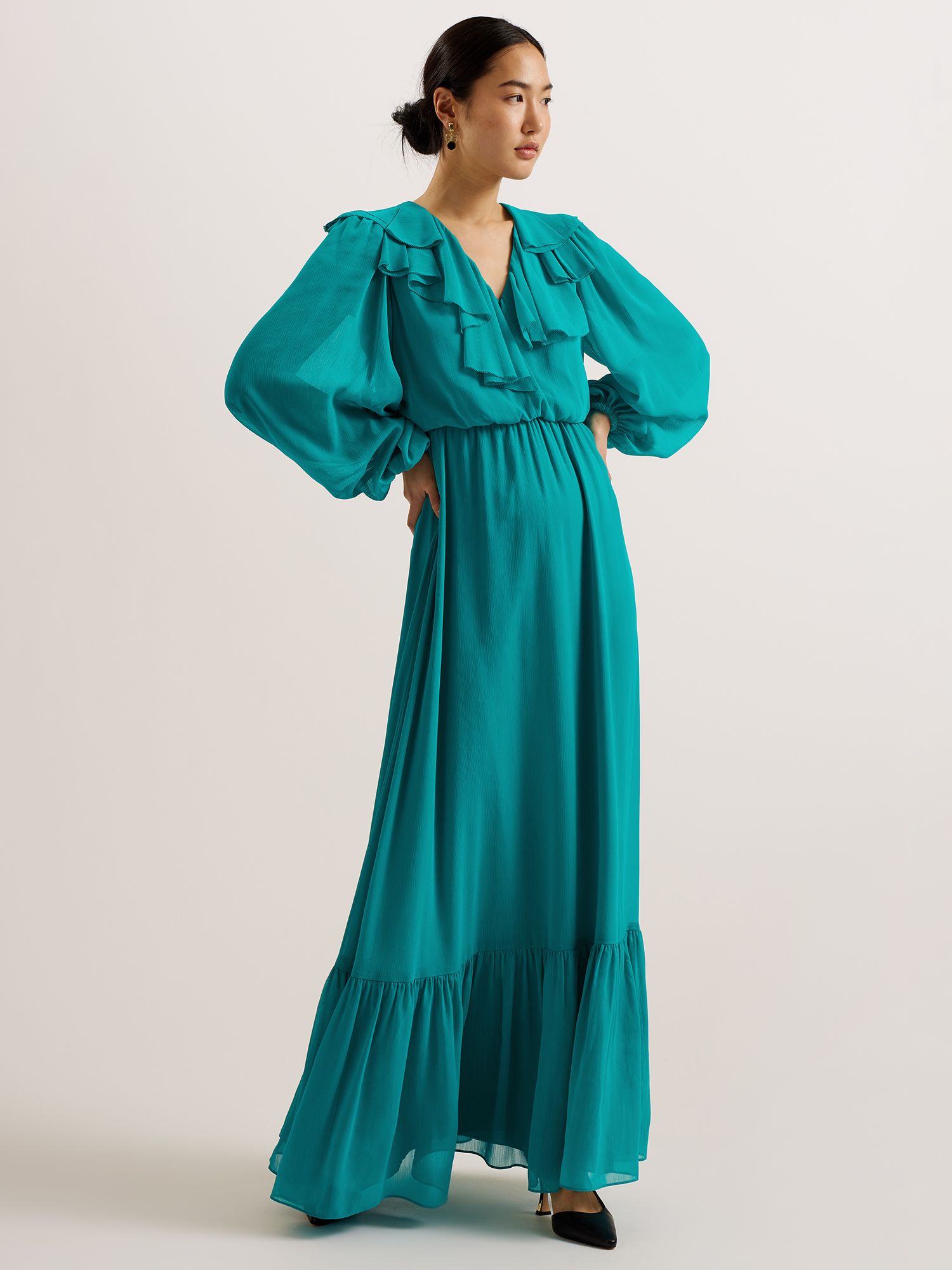 Ted Baker Keina Ruffle Detail Maxi Dress, Green at John Lewis & Partners