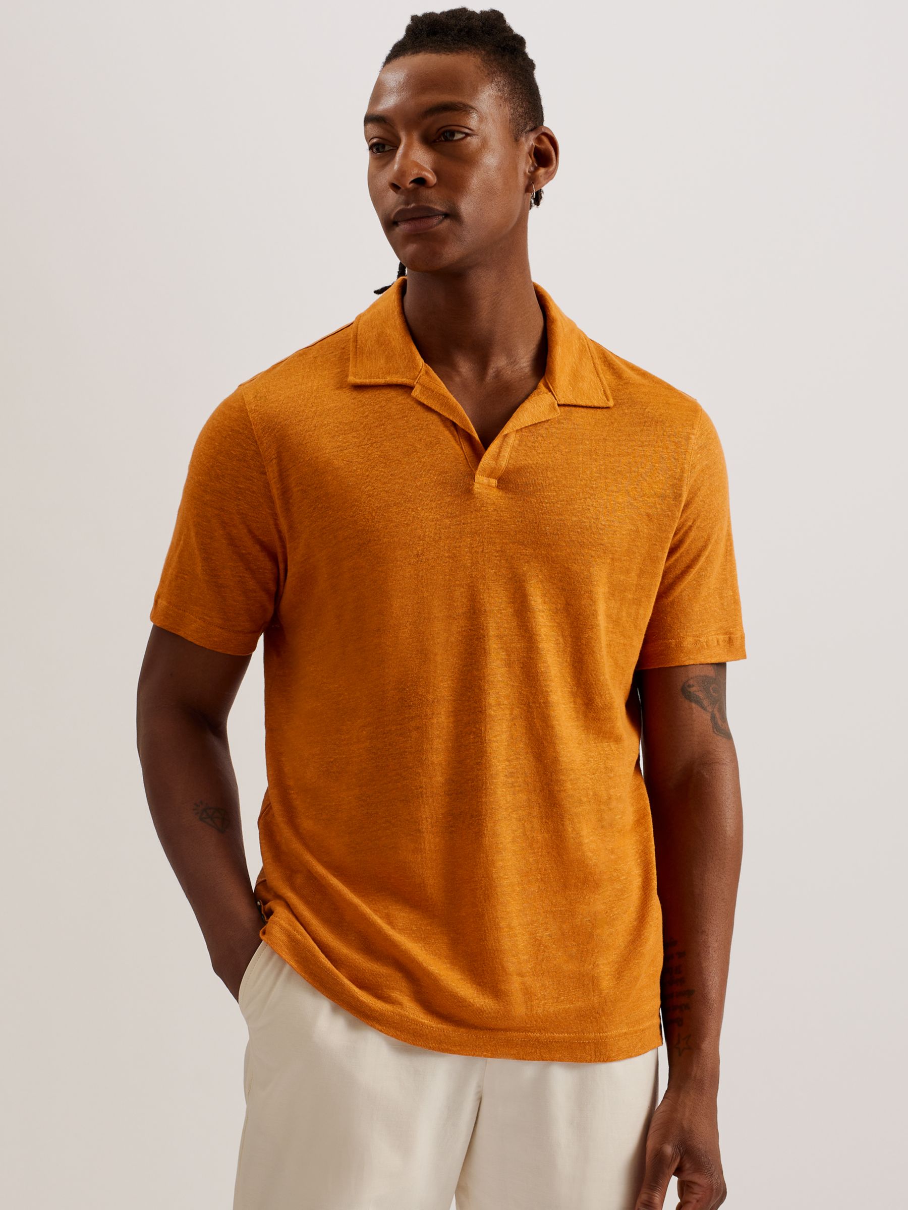 Ted Baker Flinpo Short Sleeve Regular Linen Polo Shirt, Mid Orange, XS
