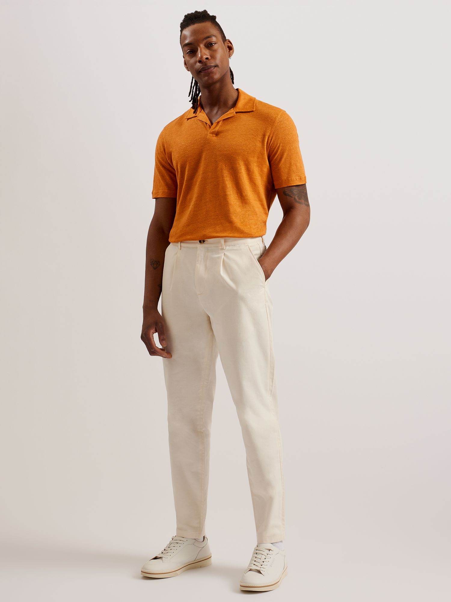 Ted Baker Flinpo Short Sleeve Regular Linen Polo Shirt, Mid Orange, XS