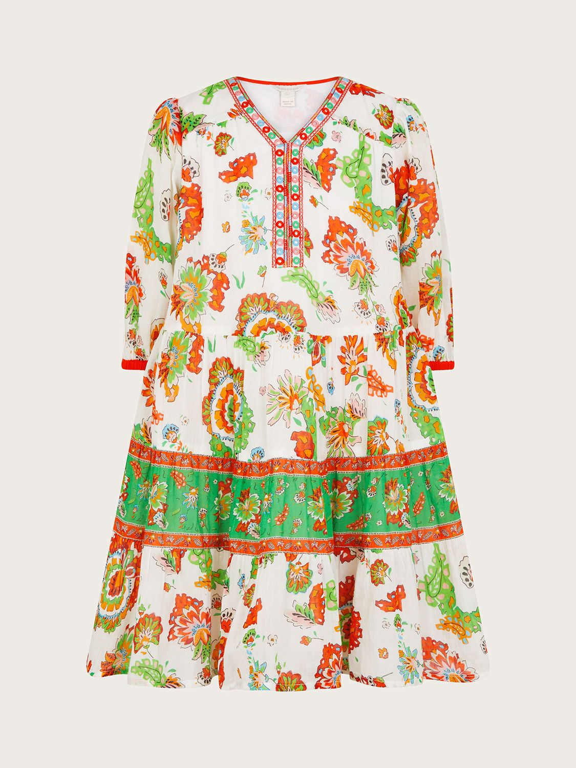 Monsoon Kids' Mini Me Floral Border Kaftan Dress, Ivory/Multi, 3-4 years