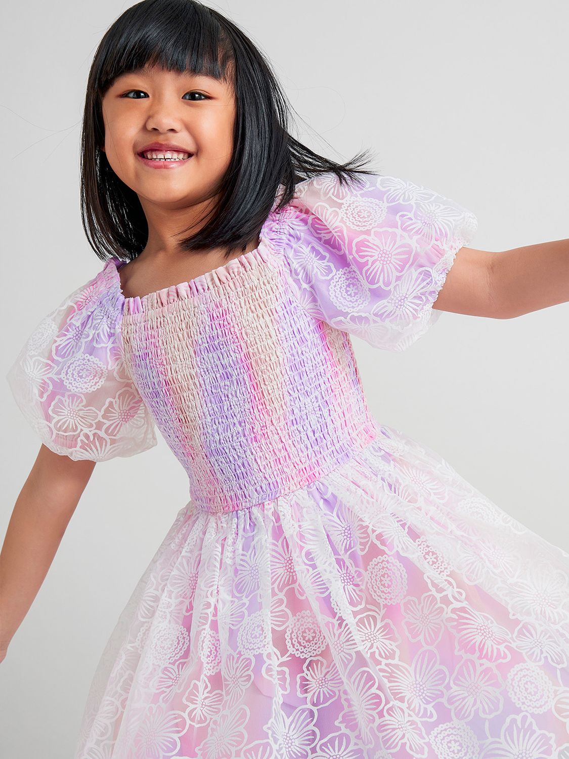 Monsoon Kids' Ombre Floral Shirred Puff Sleeve Occasion Dress, Lilac, 14-15 years