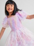 Monsoon Kids' Ombre Floral Shirred Puff Sleeve Occasion Dress, Lilac