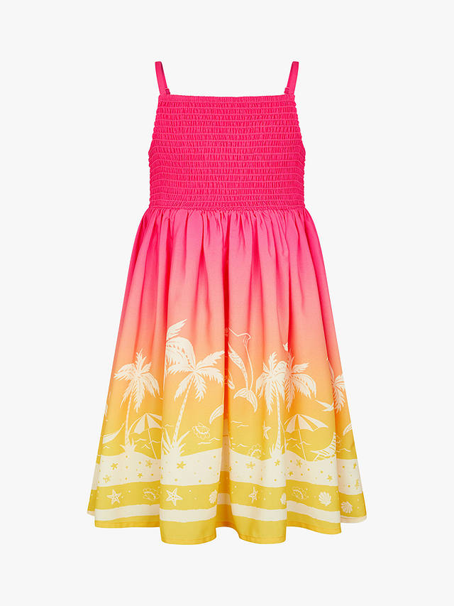 Monsoon Kids' Sunset Palm Print Shirred Dress, Multi