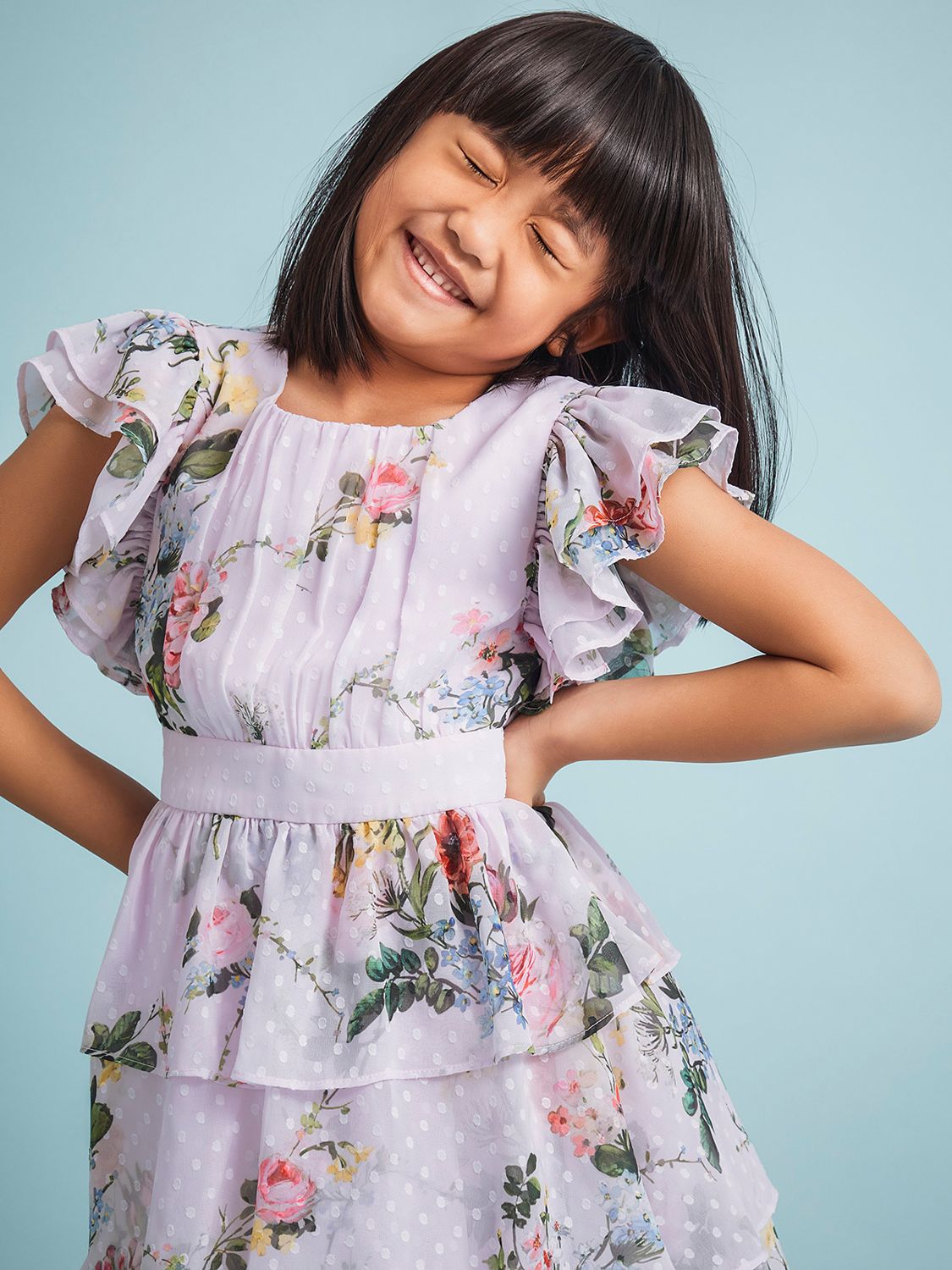 Monsoon Kids' Violetta Floral Print Ruffle Sleeve Tiered Dress, Lilac, 12-13 years