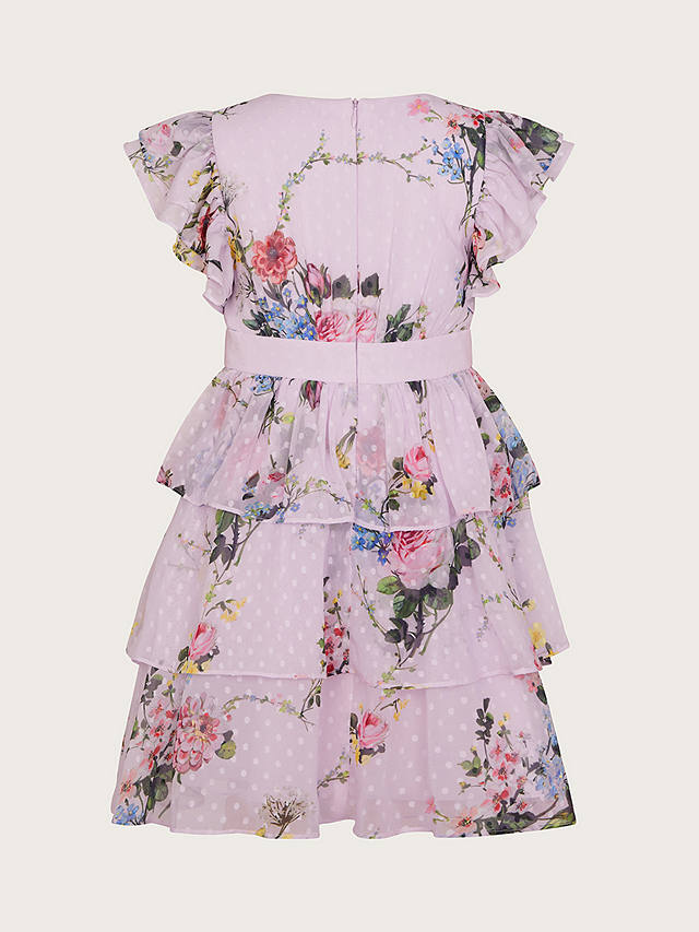 Monsoon Kids' Violetta Floral Print Ruffle Sleeve Tiered Dress, Lilac