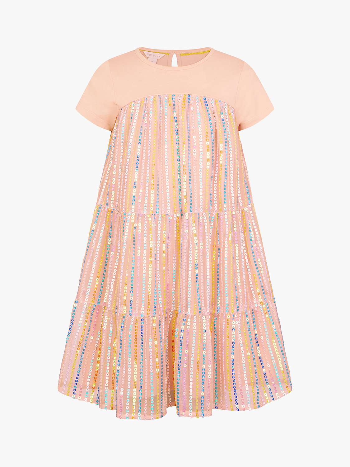 Buy Monsoon Kids' Sequin Mesh Jersey Tiered Dress, Pale Pink Online at johnlewis.com