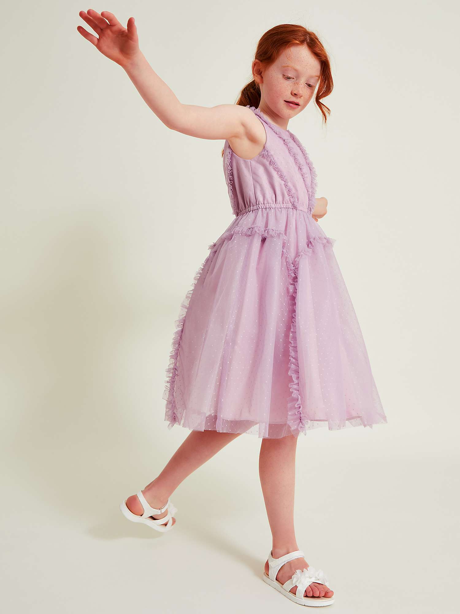 Buy Monsoon Kids' Veronica Diamond Spot Ruffle Tulle Occasion Dress, Lilac Online at johnlewis.com