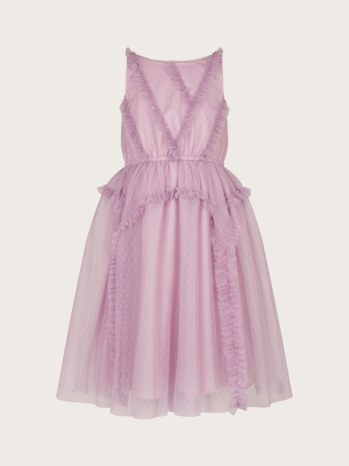 Buy Monsoon Kids' Veronica Diamond Spot Ruffle Tulle Occasion Dress, Lilac Online at johnlewis.com