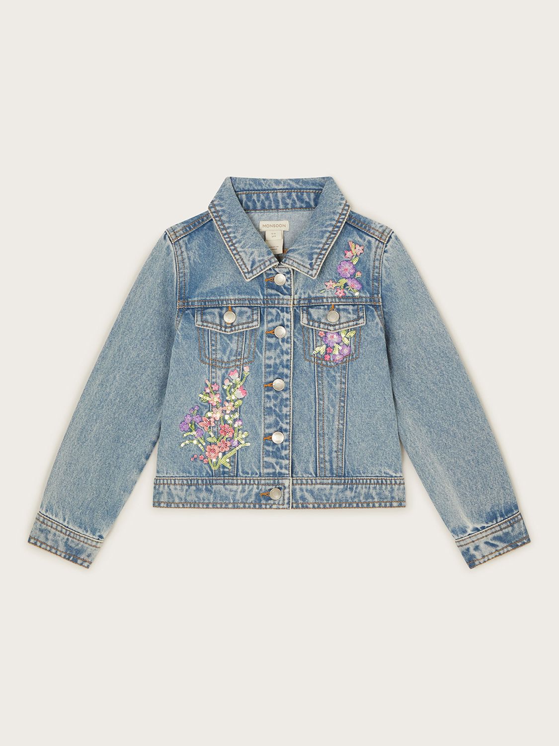 Monsoon Embroidered Floral Denim Jacket, Blue, 3-4 years