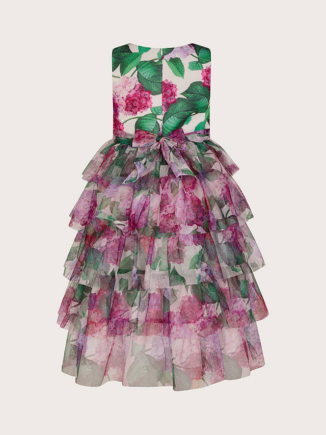 Monsoon Kids' Hydrangea Print Ruffle Scuba Occasion Dress, Pink