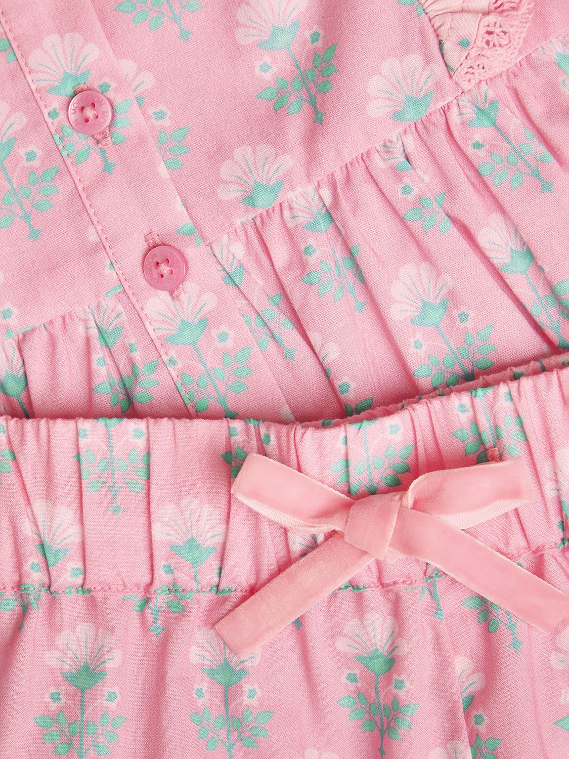 Monsoon Kids' Floral Woodblock Print Ruffle Shorty Pyjamas, Pink/Multi, 2-3 years