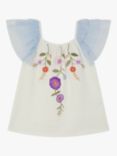 Monsoon Kids' Floral Embroidered Tulle Sleeve Top, Cream/Blue