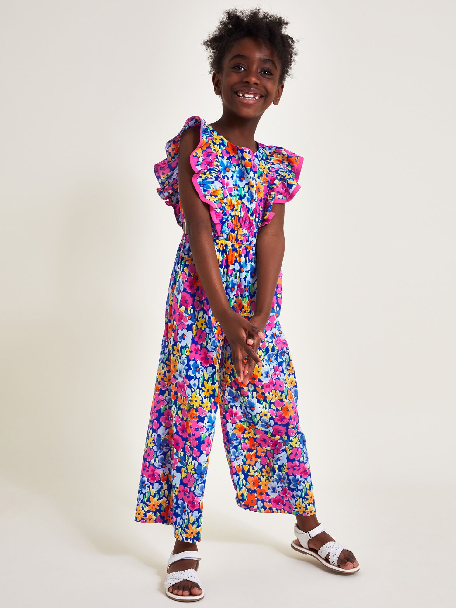Monsoon Kids' Bright Floral Cut Out Jumpsuit, Blue, 14-15 years