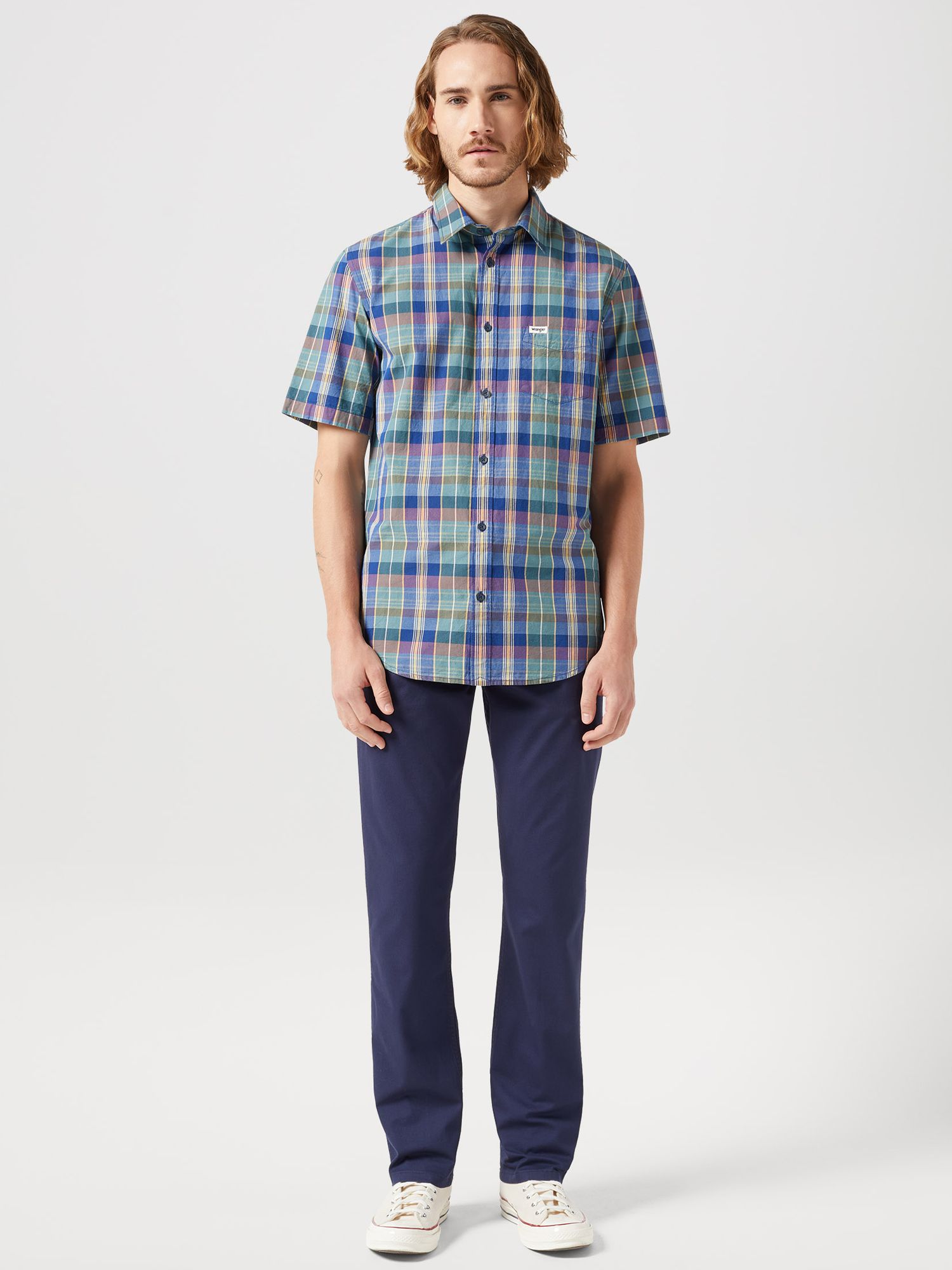 Wrangler Short Sleeve One Pocket Shirt, Blue Madaras, XL