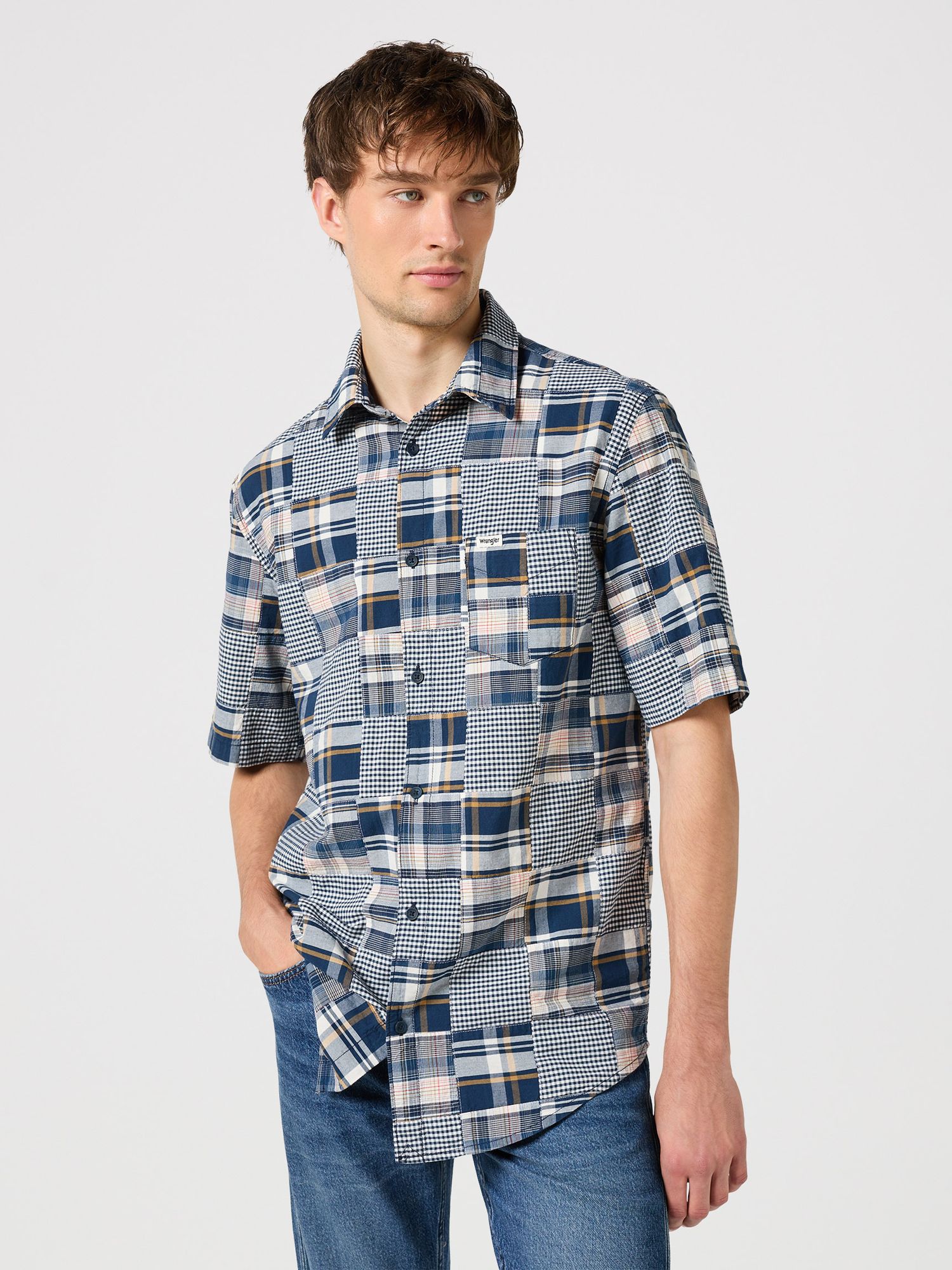 Wrangler Short Sleeve One Pocket Shirt, Blue Patchwork, S