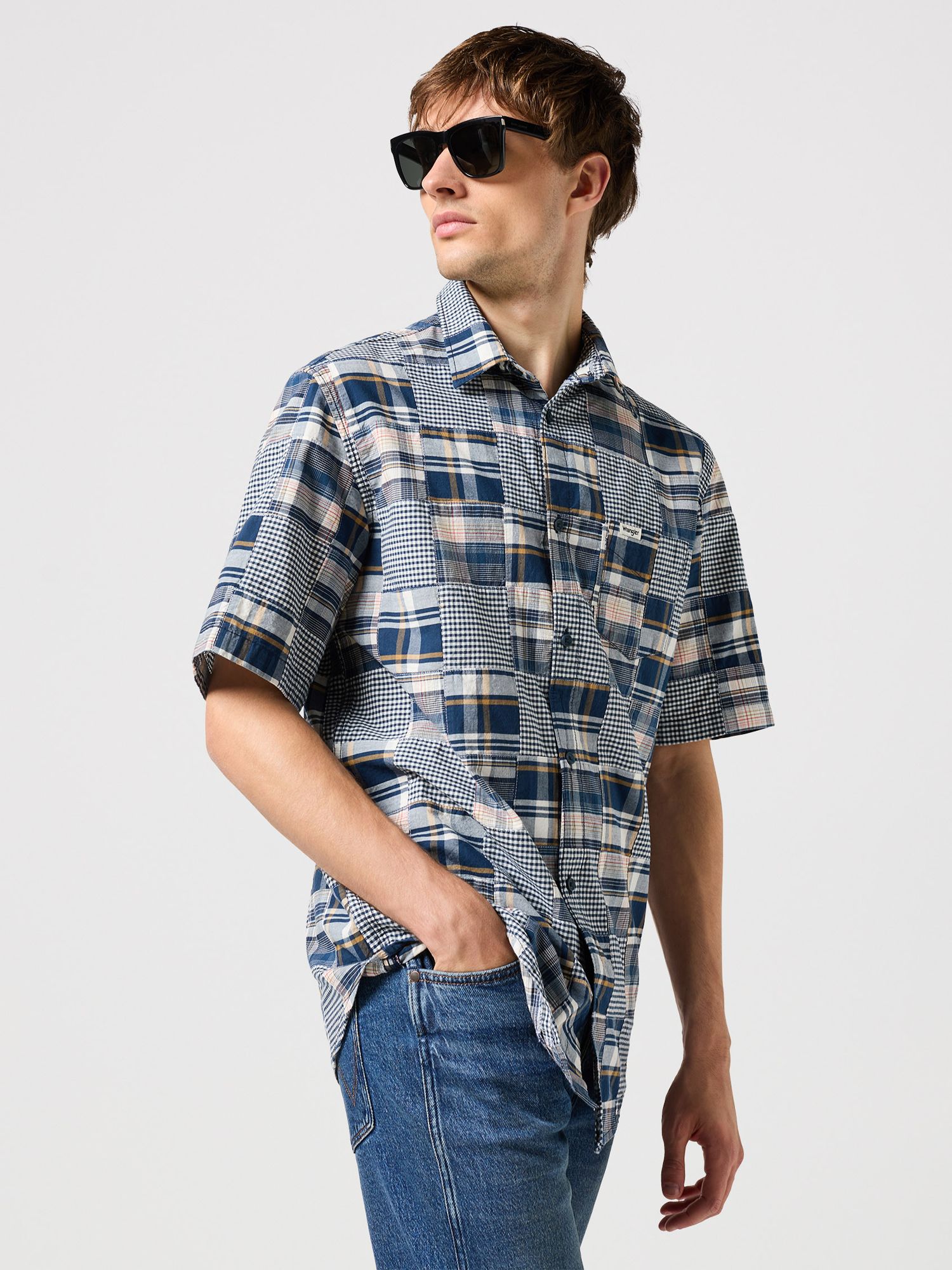 Buy Wrangler Short Sleeve One Pocket Shirt, Blue Patchwork Online at johnlewis.com