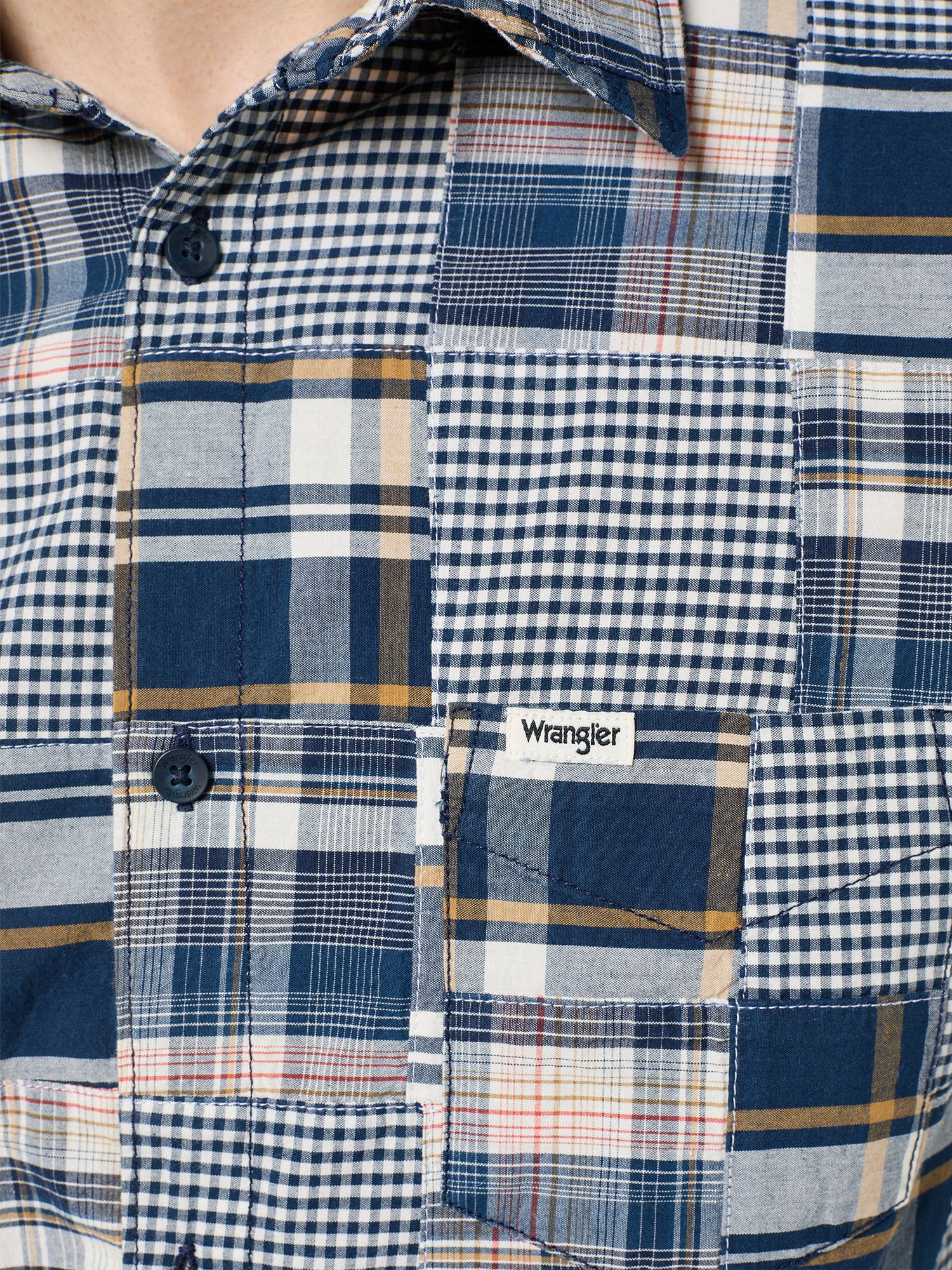 Wrangler Short Sleeve One Pocket Shirt, Blue Patchwork, S