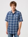 Wrangler Western Short Sleeve Check Shirt, Light Blue Indigo