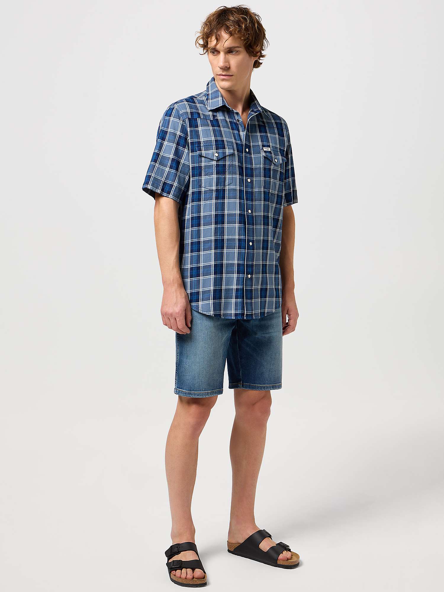 Buy Wrangler Western Short Sleeve Check Shirt, Light Blue Indigo Online at johnlewis.com