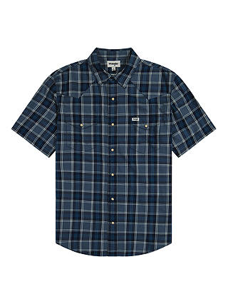 Wrangler Western Short Sleeve Check Shirt, Light Blue Indigo