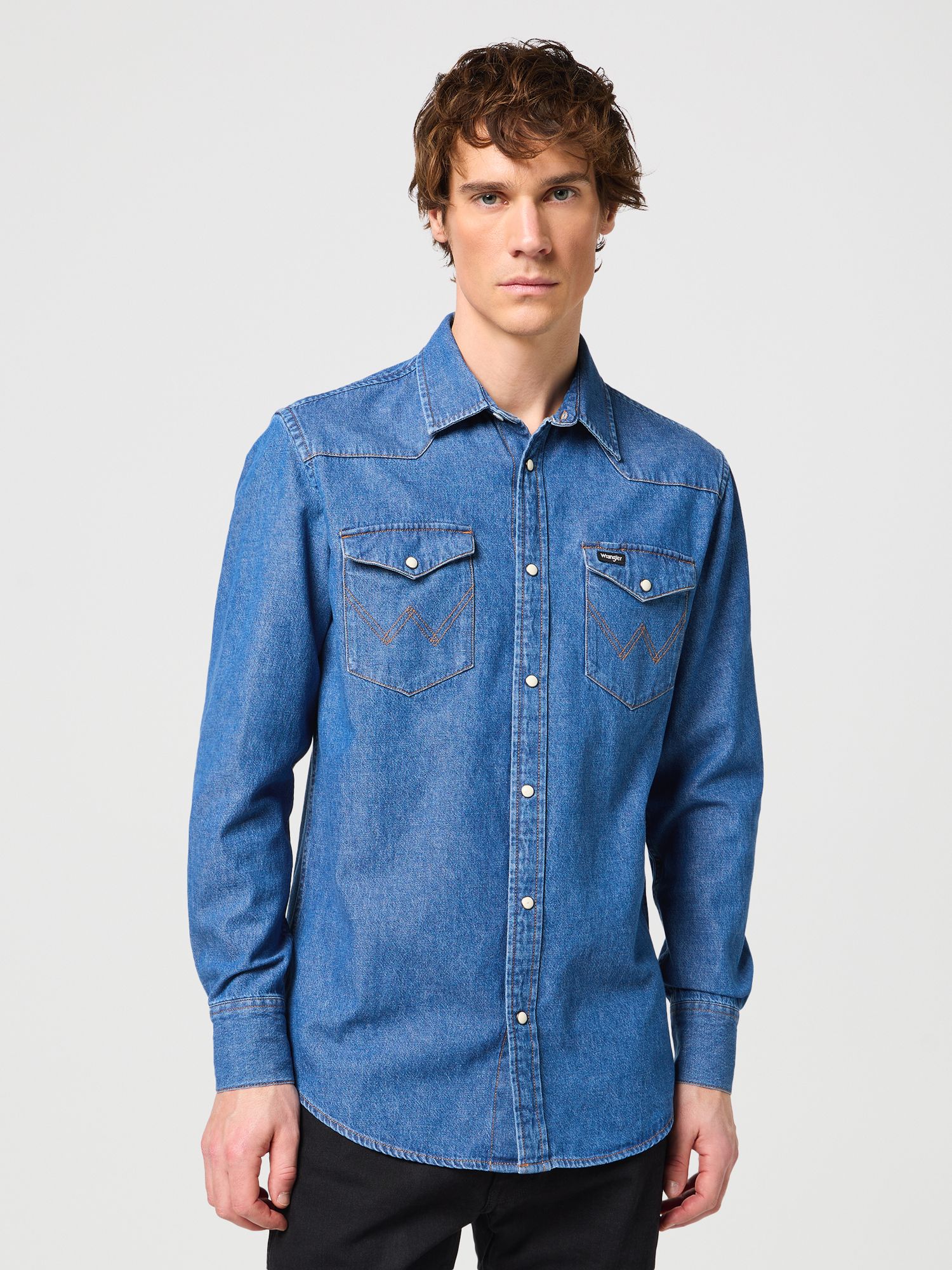 Wrangler Denim Long Sleeve Western Shirt, Blue, XL