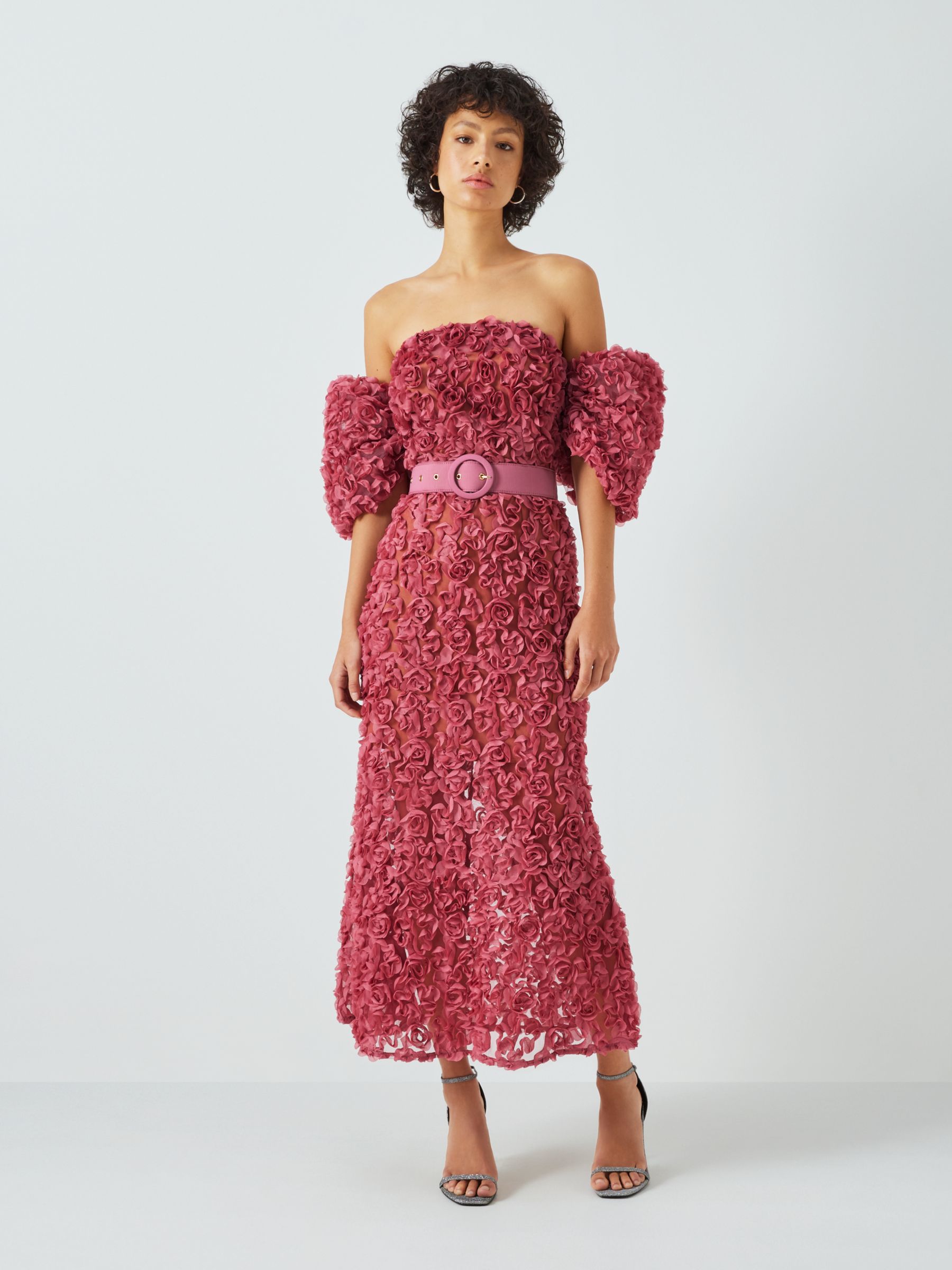 Elliatt Intimacy 3D Floral Off Shoulder Strapless Midi Dress, Raspberry, L