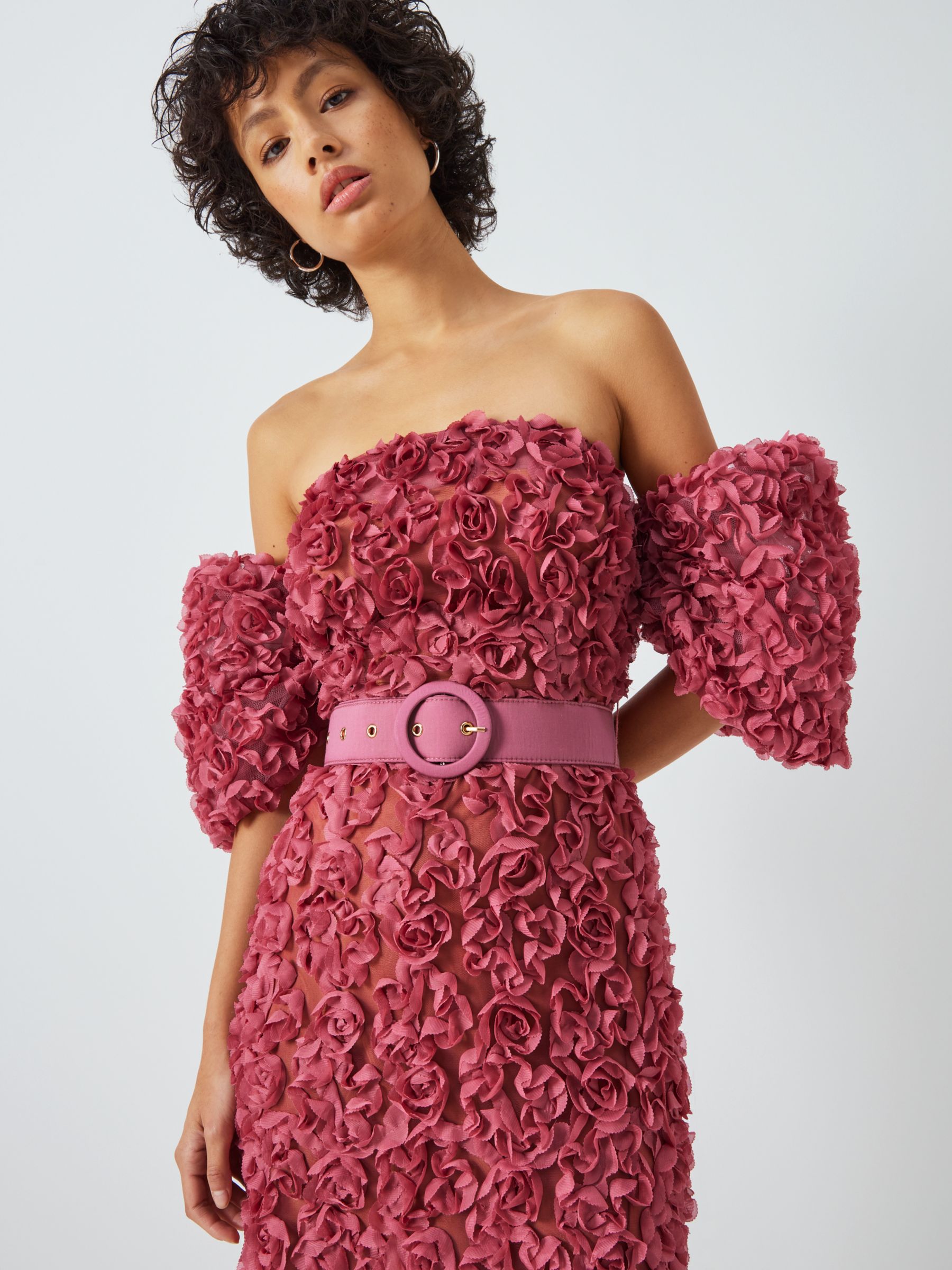 Elliatt Intimacy 3D Floral Off Shoulder Strapless Midi Dress, Raspberry, L