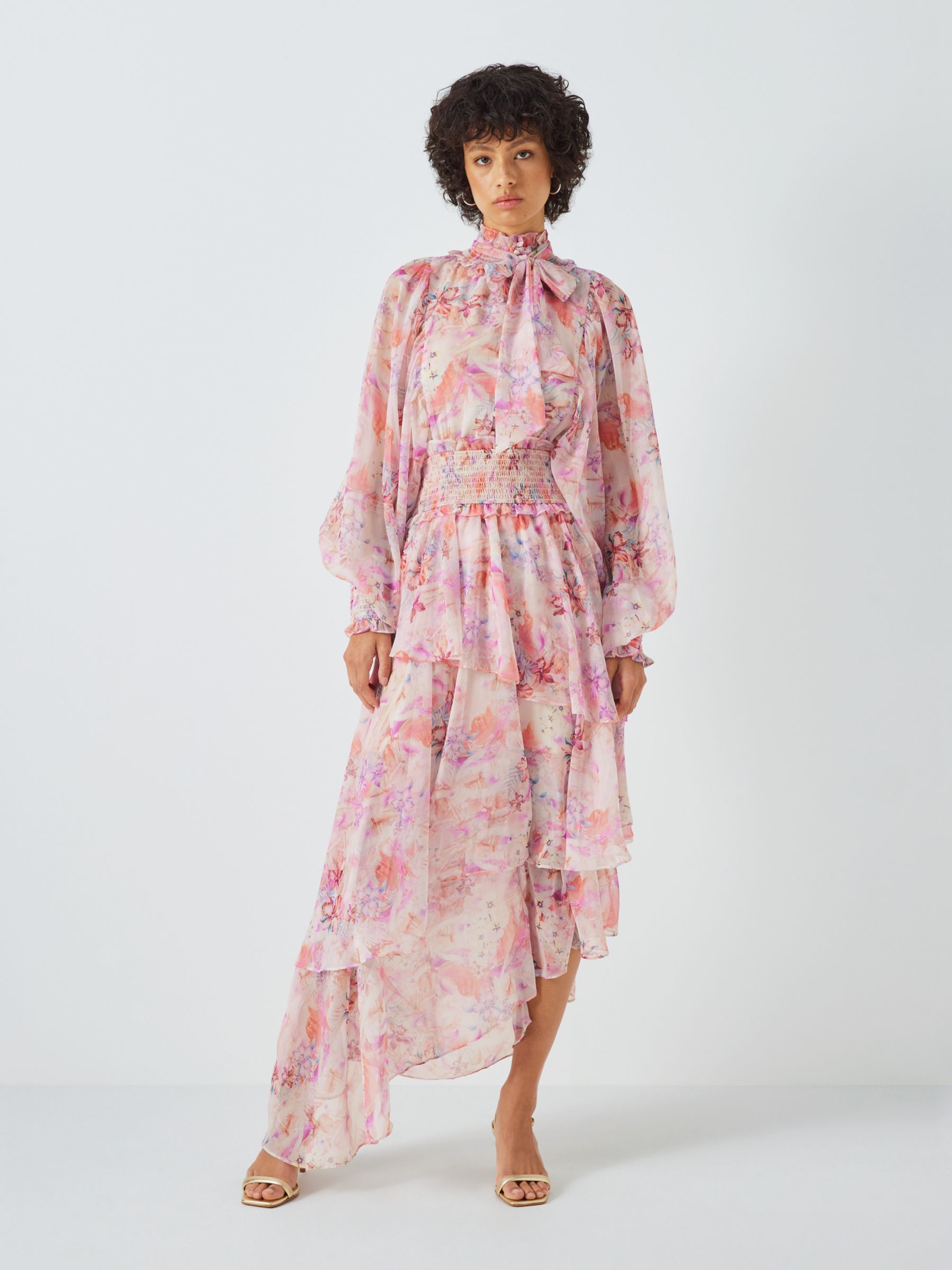Elliatt Inseparable Floral Print Billow Sleeves Ruffle Maxi Dress, Pink, M