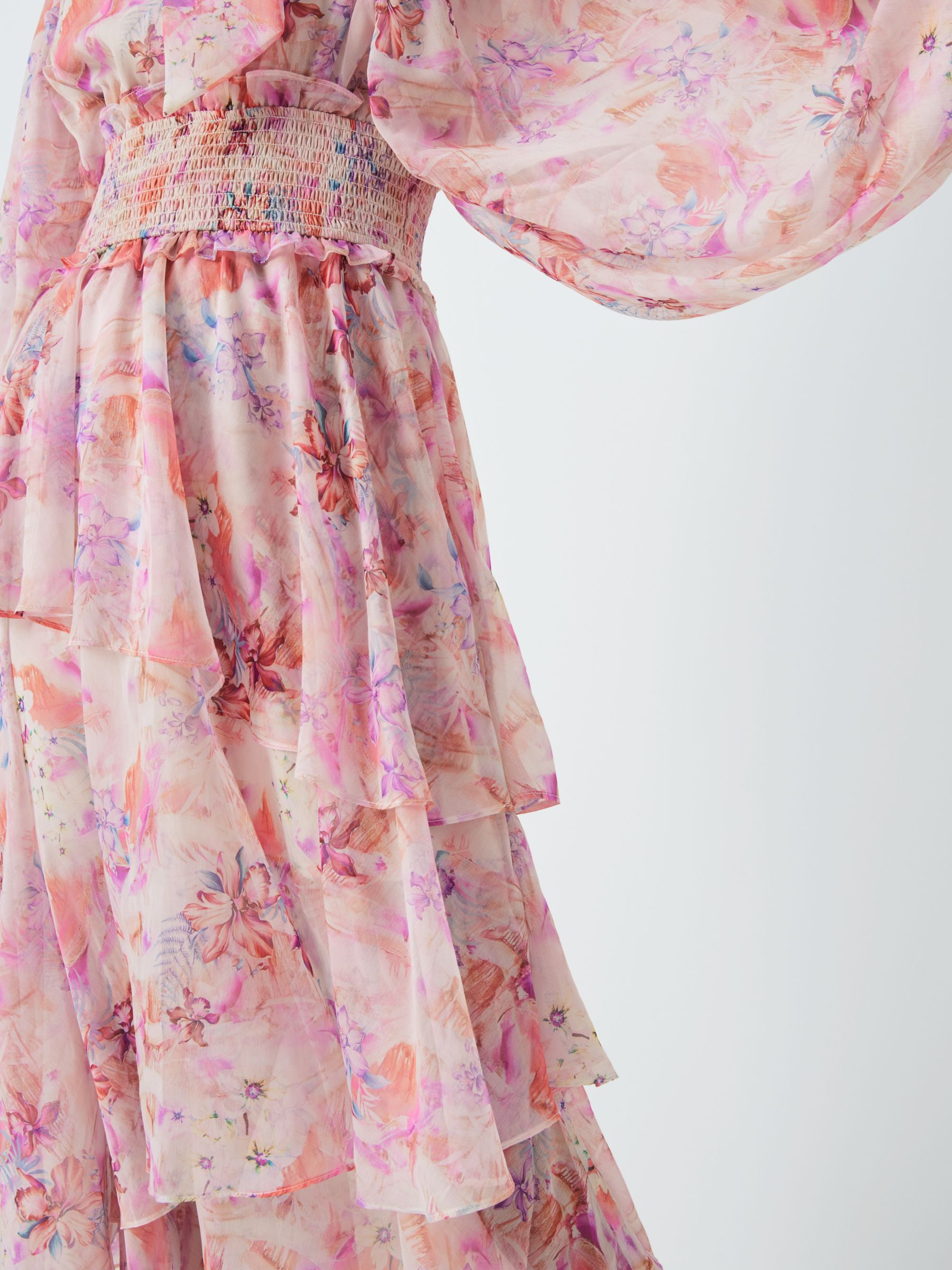 Elliatt Inseparable Floral Print Billow Sleeves Ruffle Maxi Dress, Pink, XS
