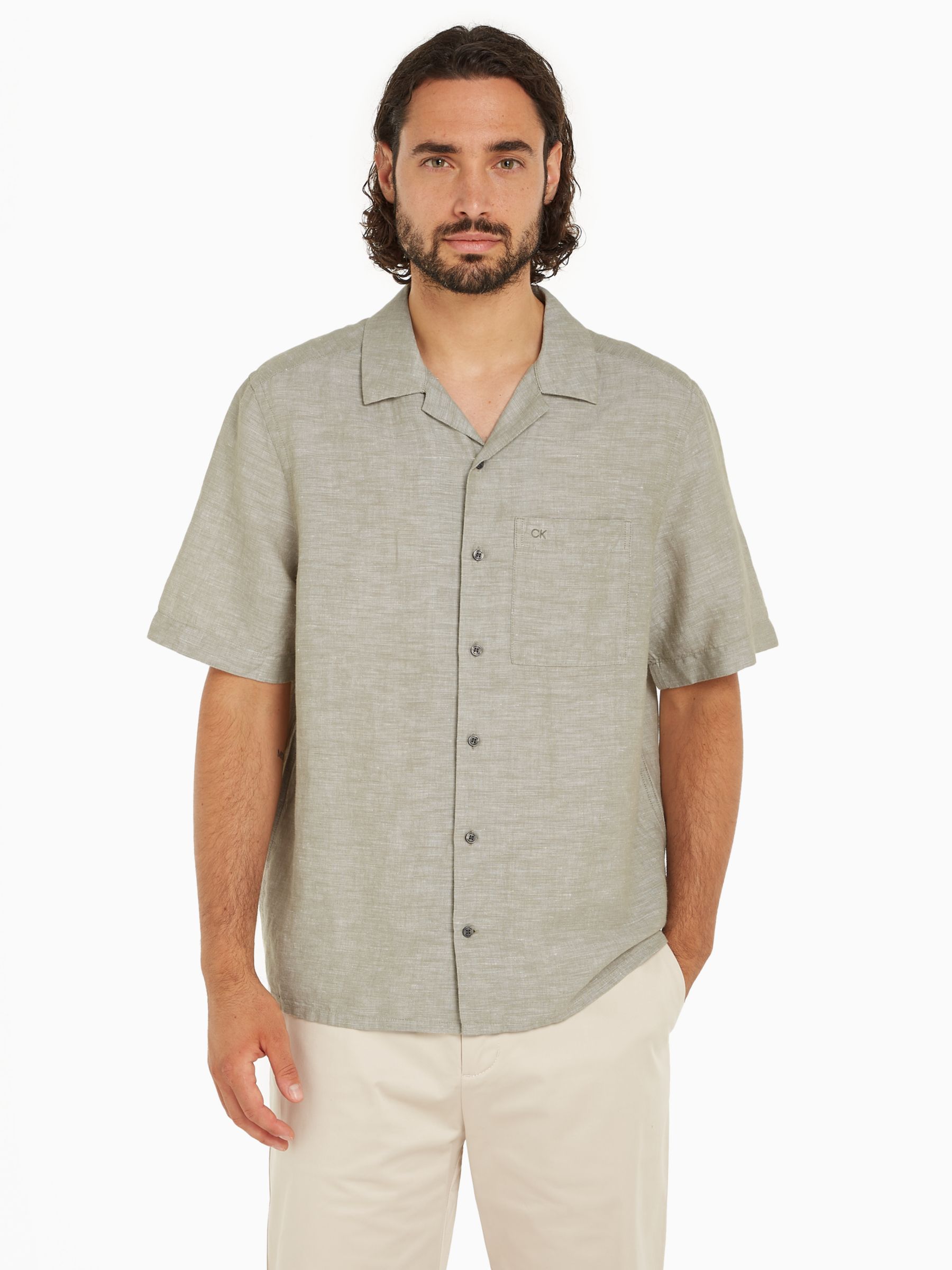 Calvin Klein Linen Cotton Blend Cuban Shirt, Delta Green, L